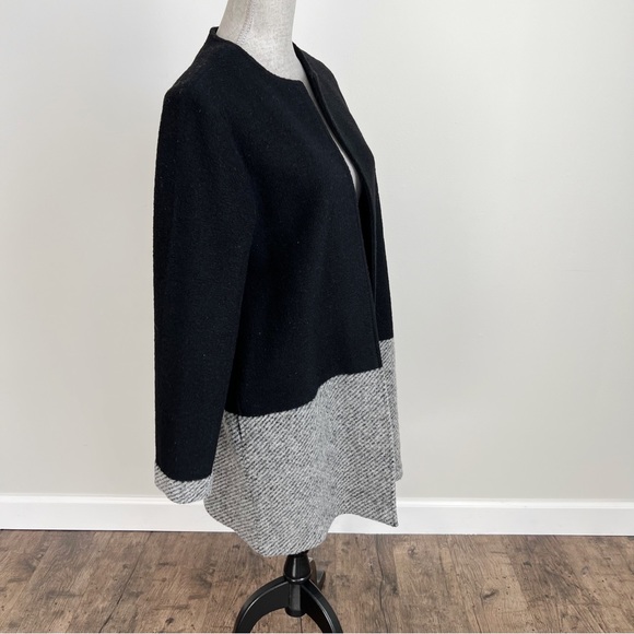Tahari Wool Cardigan Jacket Colorblock Duster Jacket Black Grey Stripe Medium - Picture 7 of 16